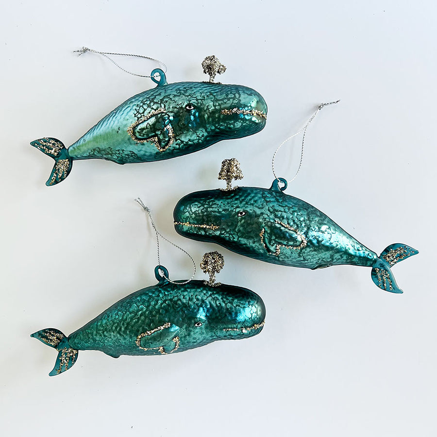 Antique Blue Glitter Whale Glass Ornament