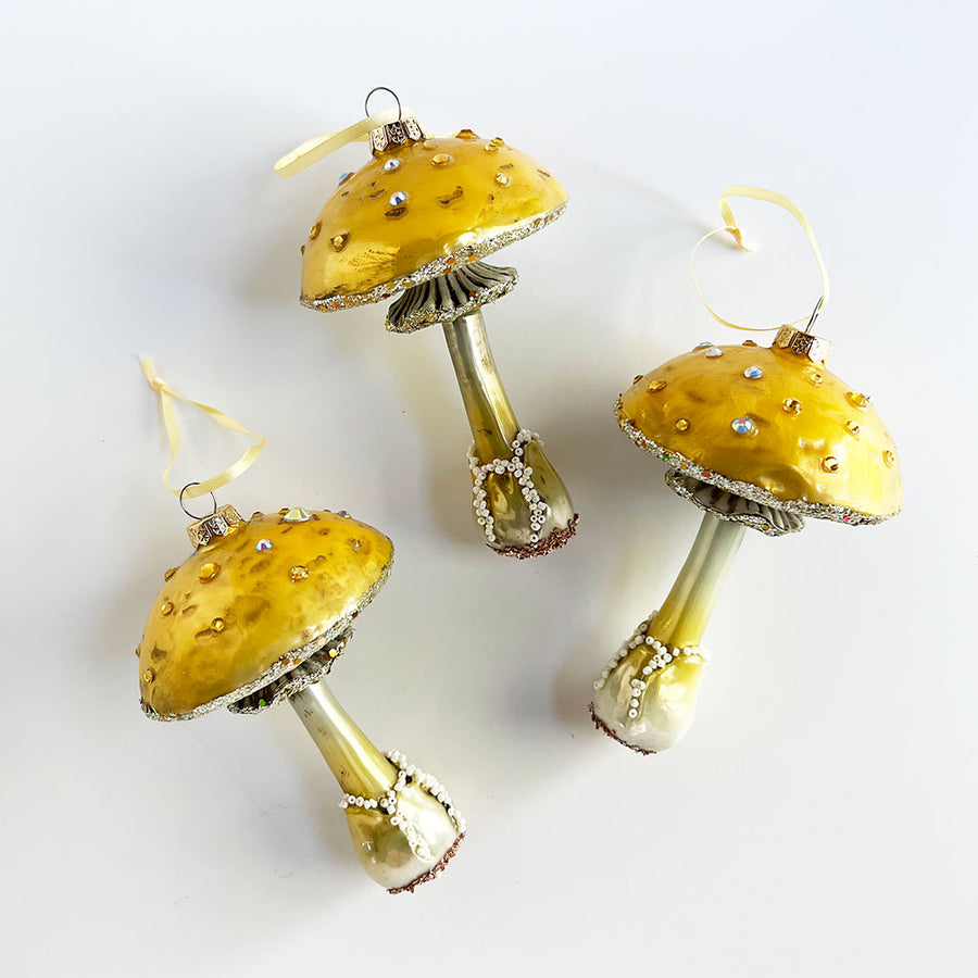 Large Yellow Crystal Cap Mushroom Glass Ornament